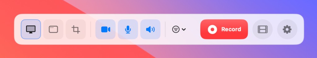 Capture bar with camera, microphone, and system audio toggles enabled