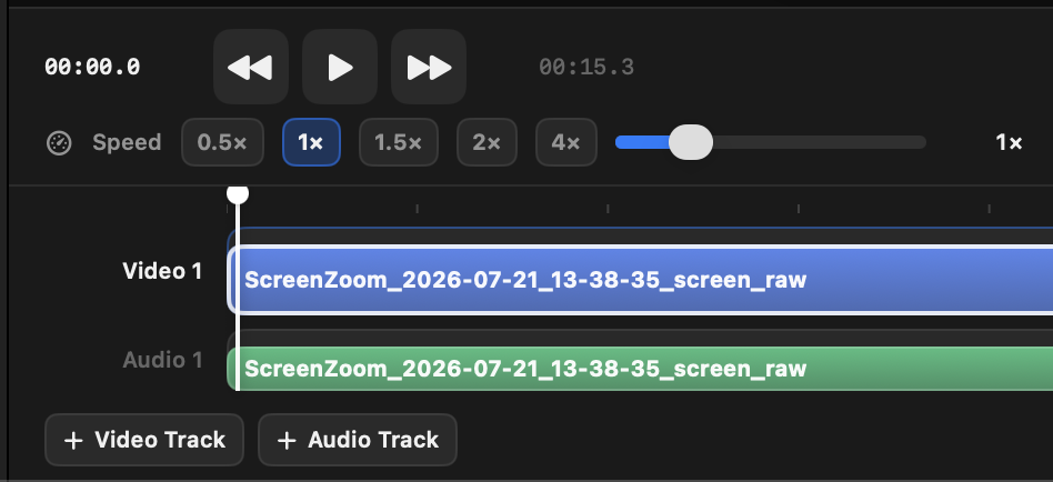 Scene editor timeline with playback controls, video and audio tracks