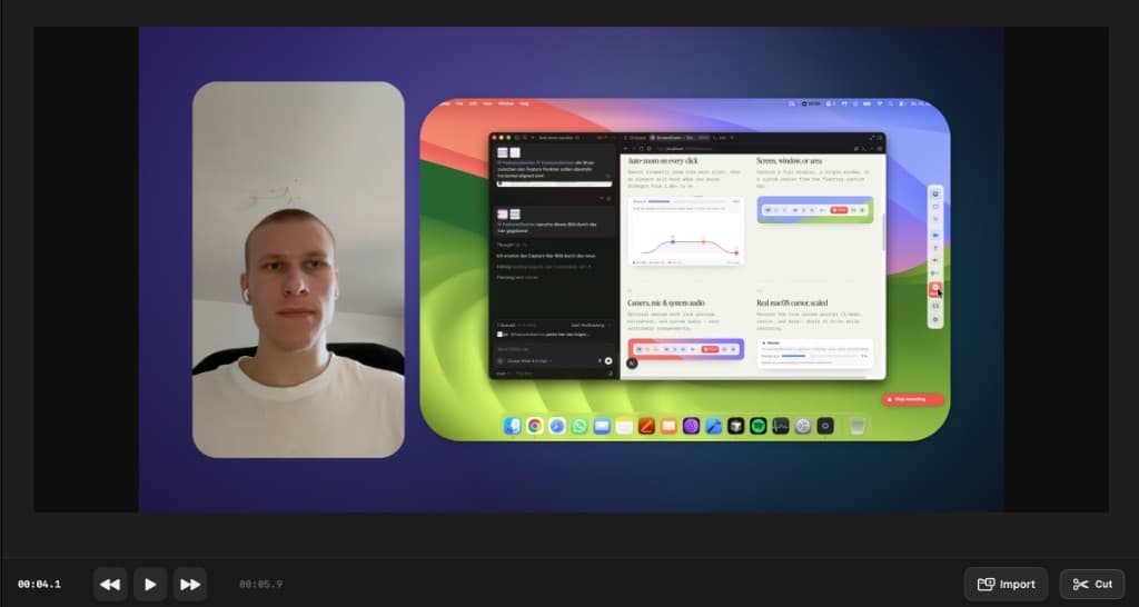Split camera and screen layout with timeline, Import, and Cut controls