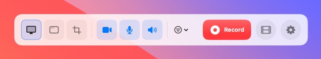 Capture bar with camera, microphone, and system audio toggles enabled