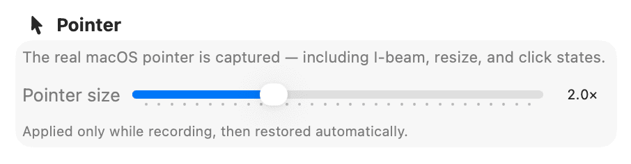 Pointer size control with macOS cursor scaled to 2.0x while recording