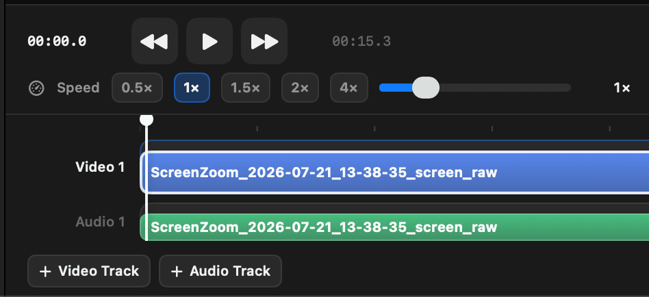 Scene editor timeline with playback controls, video and audio tracks